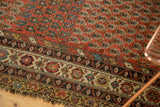 Antique Persian Hamadan rug border, with varied floral motifs on ivory, red boteh field, and tattered fringe.