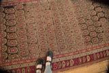 Staggered red germinating plant botehs with contrasting dark tones across an antique Karabagh rug.