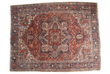 Vintage Heriz carpet, geometric medallion, serrated palmettes, red, navy, polychrome selvages, 8' x 10'4