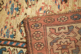 Vintage Kurdish runner's short pile, germinating plant motif, and madder root red border with tatter.