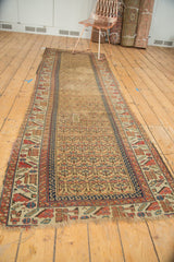 Antique Kurdish runner corner with running latch motif, red, sky blue geometric borders, side tatter.