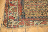 Worn corner of antique Kurdish runner, with tattered fringe and minor foundation showing. Pomegranate red border.