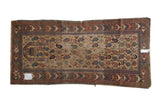 Antique Caucasian Prayer runner with comb mehrab, allover botehs, madder red and gold tones, visible wear, late 19th century, 2'11