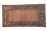 Vintage Hamadan runner, abrash grapefruit red lattice, blue meandering vine palmette borders.