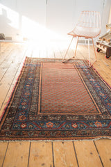 Vintage Hamadan runner showing blue border, meandering palmette design, abrash field, and tatter.