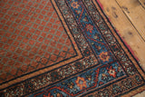 Vintage Hamadan runner corner: grapefruit red lattice field, intricate blue vine palmette border, tattered edge.