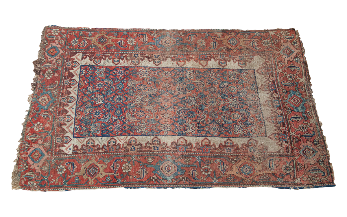 Exquisitely woven Antique Persian Bijar rug, distressed, with faded red, blue, and ivory traditional patterns.