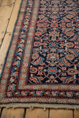 Antique Mahal rug's original macram end fringe and Herati pattern in gem tones.