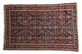 Antique Mahal rug, dark indigo field, allover Herati design featuring jewel tones and birds.