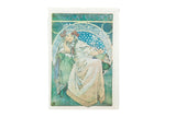 Alphonse Mucha Princess Hyacinth vintage print, teal, blue, cream, Art Nouveau.