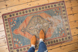 Distressed Oushak rug displaying abrashed field, elongated medallion, and colorful floral border.