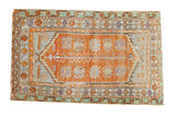 Distressed vintage Oushak rug with geometric tree of life, floral palmettes in tangerine, mint.