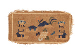 Antique Peking pictorial rug mat in camel, indigo blue, and ivory with tattered fringe. 1x2.