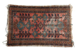 Antique Lilihan rug, dusty blush, navy, sky blue germinating plants, prominent wear. 2'7