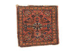 Antique Lilihan square rug mat with dusty rose field, central blue and gold floral medallion. 1'11