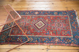 Antique Heriz Karaja rug detail: central geometric medallion, cherry red field, sky blue, aqua.
