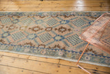 Distressed Oushak runner featuring pale blush, faded blue lattice, and checkered floral motifs.