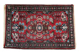 Vintage Hamadan rug mat, cherry red field, bursting floral Lilihan design, blue and blush tones.