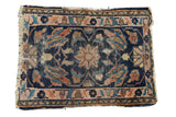 Antique Lilihan rug mat, patinaed indigo field with blush rose and ivory floral motifs, 2'2