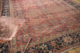 Vintage Heriz carpet's allover cloud band and samovar motif in cherry red with blue border.