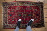 Vintage Lilihan Persian rug mat with a cherry red floral field shown for scale.