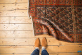 Tangerine paisley boteh motif in staggered rows across a vintage Doroksh rug.