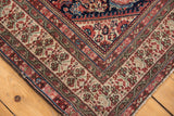 Close-up of the antique Malayer rug's corner showing the germinating plant main border.