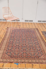 Antique Persian Malayer rug angled to show its herati field and complex germinating plant border.