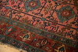 Antique Persian Lilihan rug detail, dusty raspberry field, dark copper border, teal samovar motifs.