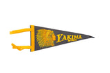 Vintage Yakima Wash. felt pennant, gray with yellow Native American chief profile.