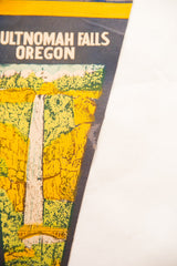 Close-up of vintage Multnomah Falls felt pennant, showing bridge and aged blue edge.