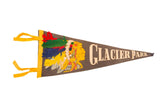 Vintage Glacier Park felt pennant, Native American chief profile, colorful feathers, 7x17 inches.