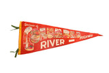 Vintage red felt Columbia River Highway pennant with illustrated landmark scenes, 11.5x29 inches.