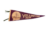 Vintage Yellowstone Park felt pennant, purple with Old Faithful geyser graphic, green ties.