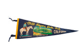 Vintage Will Rogers State Park California felt pennant, dark blue with Will Rogers and ranch scene, 9x27.