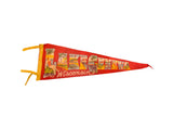 Vintage red felt Lake Geneva Wisconsin pennant with illustrated letters, 8x26 inches.