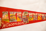 Vintage red felt pennant illustrating Lake Geneva's bathing beach and Indigenous figure.