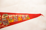Vintage Lake Geneva felt pennant close-up highlighting letters N-E-V-A with figure and landmark illustrations.
