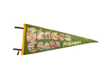 Vintage green felt pennant, 'Souvenir of Oregon Coast Highway' with illustrated landmark letters, 11.5x29.