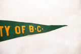Green felt pennant displaying yellow 'TY OF B-C' lettering towards its pointed right end.