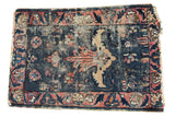 Antique Lilihan rug mat, faded denim blue and raspberry rose tree of life design.