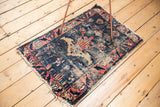Antique Lilihan rug, unique tree of life motif, denim blue, raspberry, ivory, showing wear and tatter.