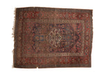 Antique Kurdish Bijar rug, oblong medallion with ram's horns, geometric field, wine red, sky blue.