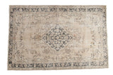 Distressed vintage Sivas carpet, diamond medallion, scrolling vinery, beige and charcoal. 5'11