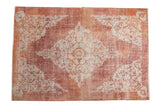 Vintage Distressed Oushak carpet with faded cherry red field, ivory, and sky blue rococo medallion, 6'9