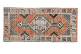 Distressed vintage Oushak runner, cinnabar red, seafoam, beige diamond medallion, 2'7