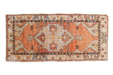 Distressed vintage Oushak runner, brick red and silver-gray, central medallion with serrated leaves, 2'7
