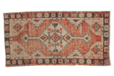 Distressed vintage Oushak runner, faded cherry red and antique ivory geometric medallion, 2'5