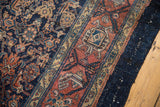 Vintage Bibikabad carpet detail: unusual turtle design border, herati motif, indigo, raspberry, gold.