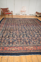 Vintage Bibikabad carpet corner: unique raspberry red turtle border, indigo field, white fringe.